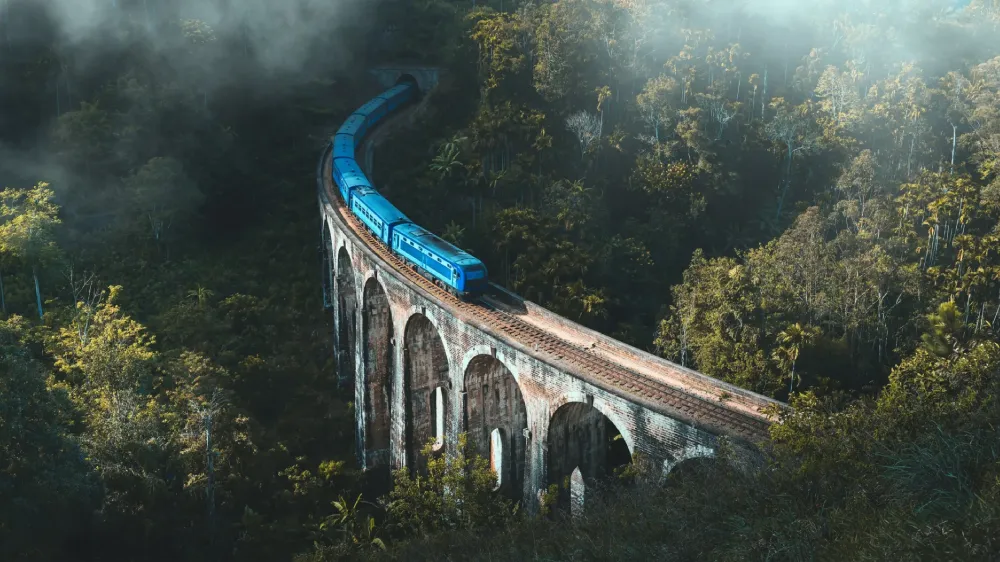 “Train crossing Nine Arch Bridge in Ella surrounded by jungle”