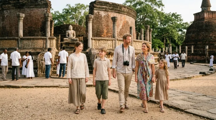 a foreign family wearing appropriate clothing in a cultural site in sri lanka