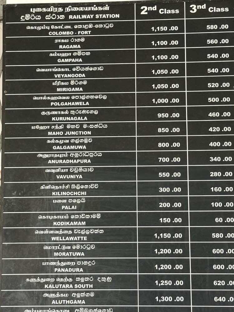 Train fare board showing routes and prices from Colombo Fort