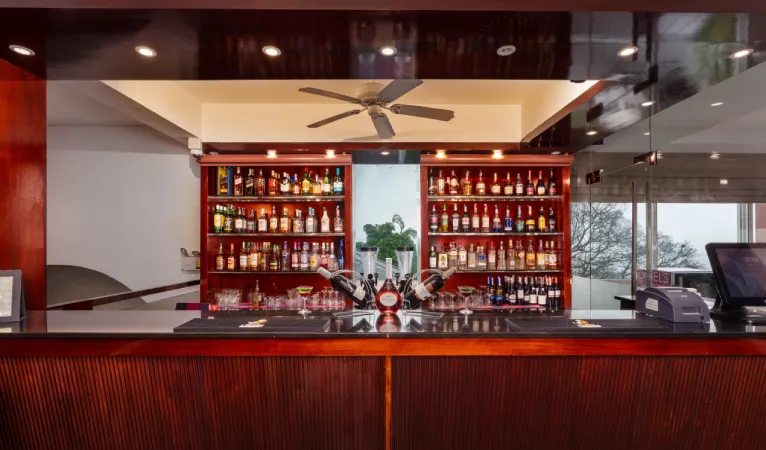 Bar with red shelves of bottles at Hotel Topaz Kandy