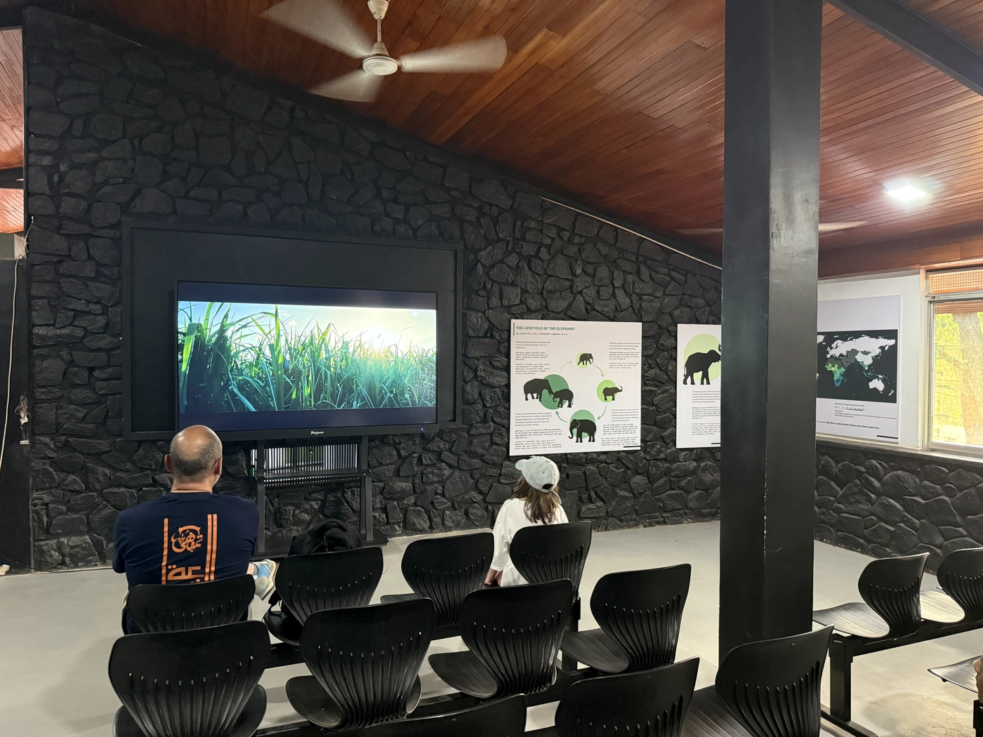 Visitors watching a video in the museum seating area