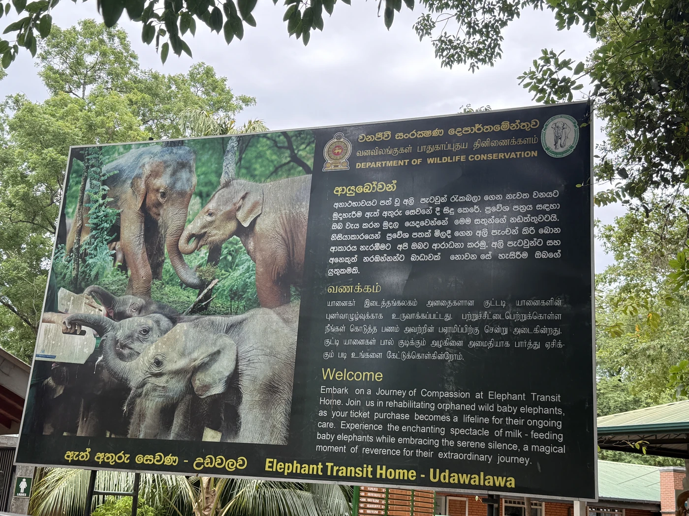 Welcome signboard at Elephant Transit Home entrance